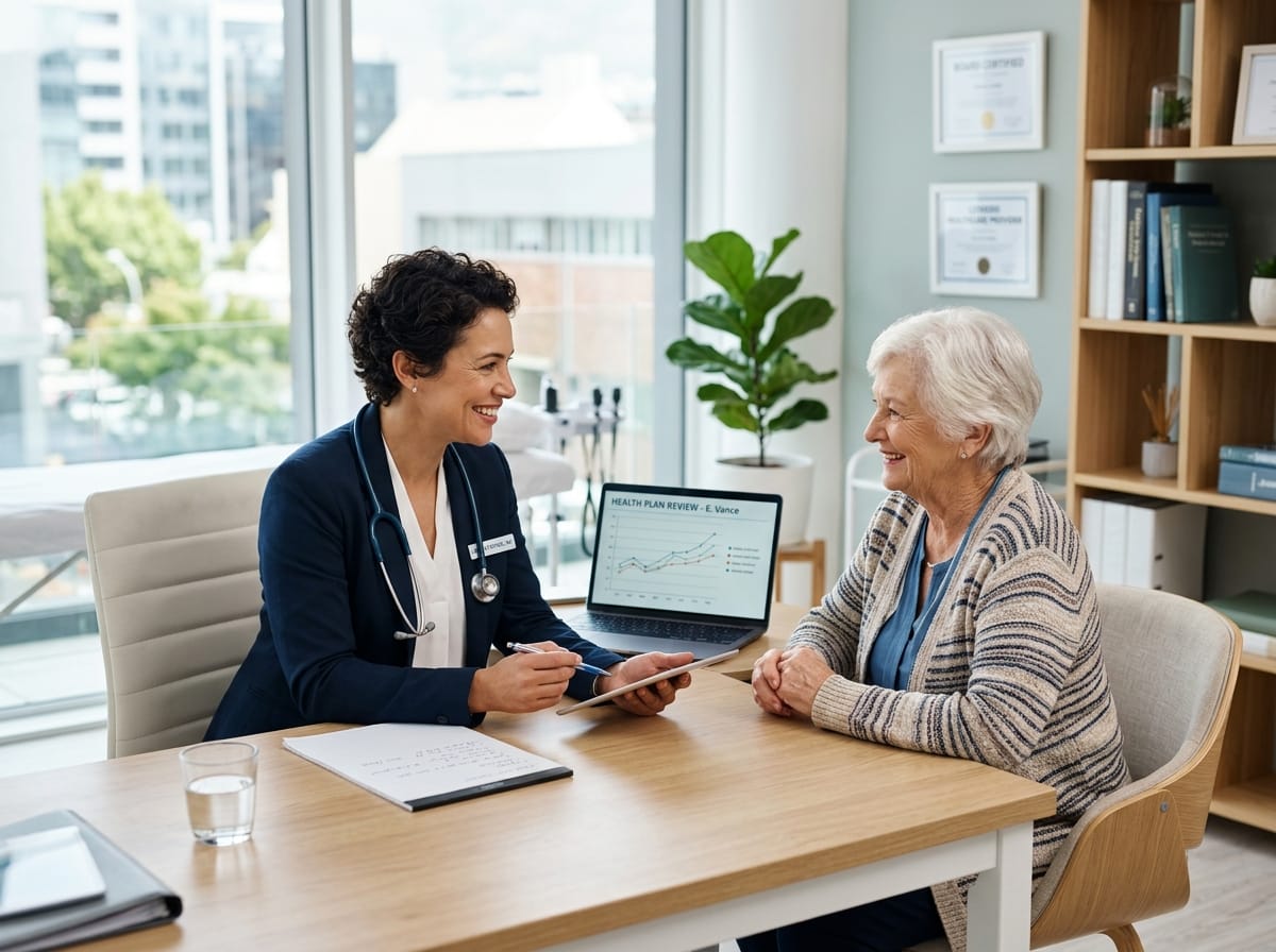 Licensed healthcare advisor explaining Medicare options to senior client